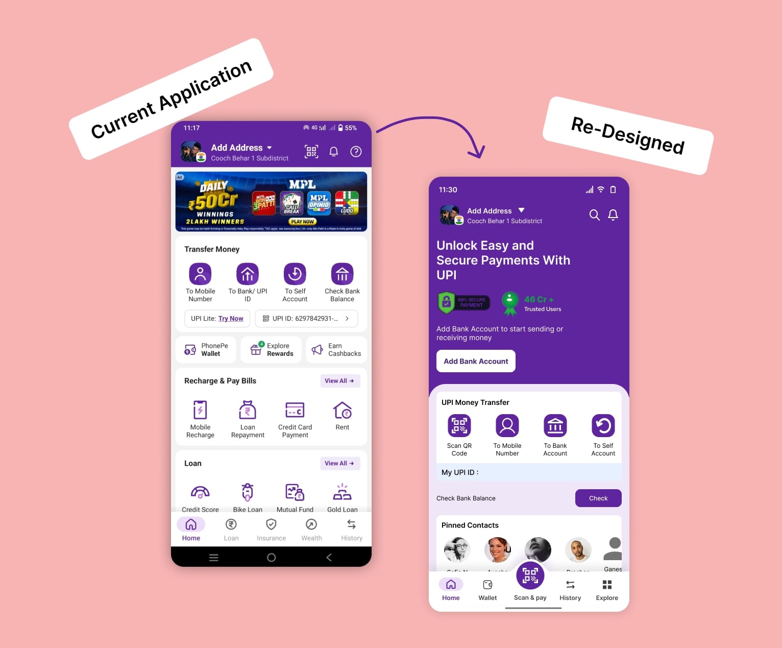 Phone Pe App Home Screen Redesigned UX/UI